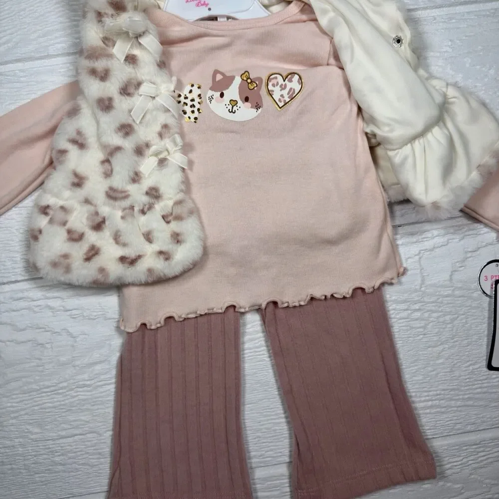 Little Lass Baby Girl 3-Piece Faux Fur Vest Outfit Pink Cheetah 6-9M NWT